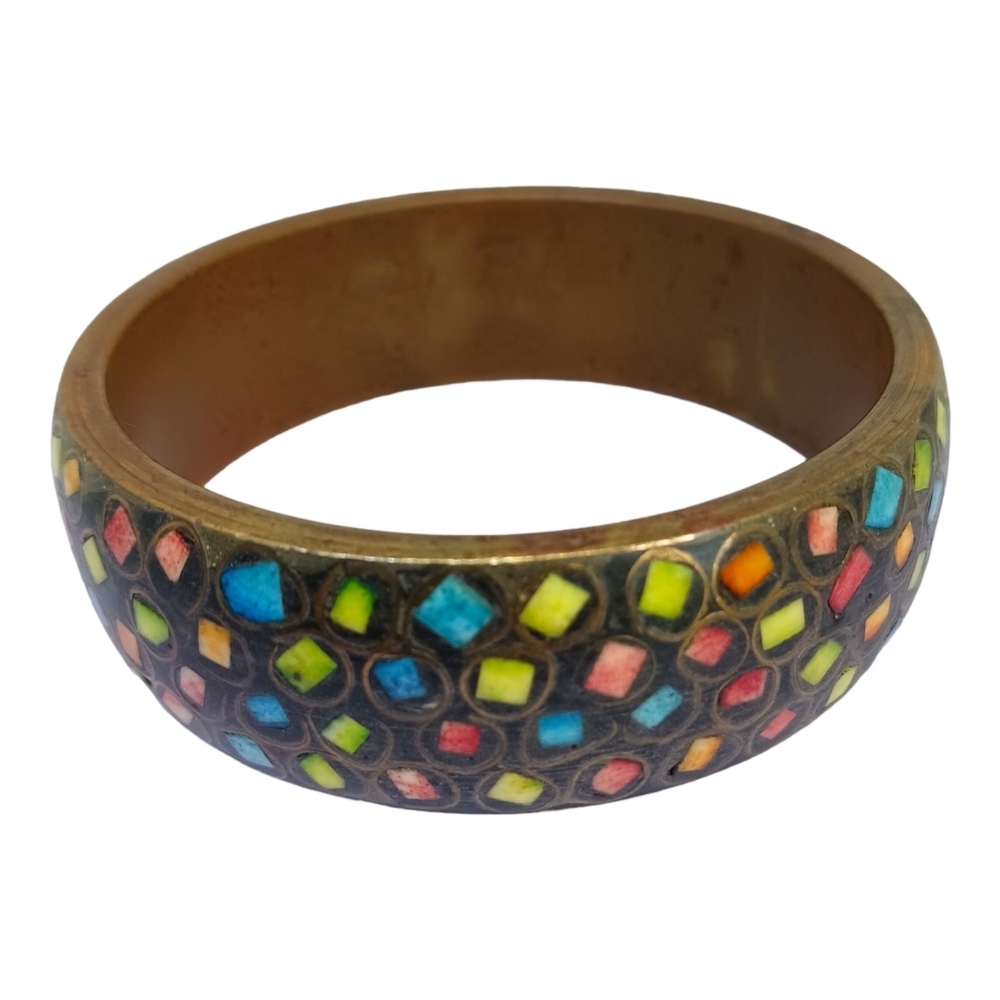 Vintage Brass Womens Chunky Bangle Bracelet Dyed Shell Cloisonne Jewelry Mosaic